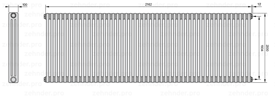 Схема (чертеж) Радиатор Zehnder Charleston 3200/47 №7610 Белый глянцевый RAL 9016